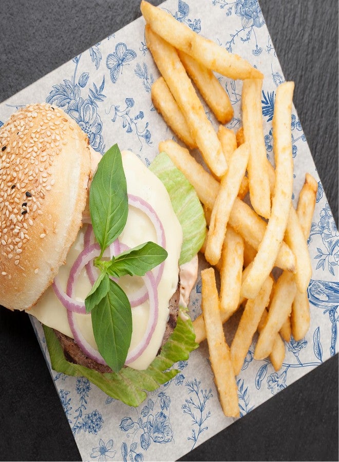 JarThenaAMCS ورق شمعي أزرق مزخرف بالزهور من جارثينا إيه إم سي إس، 150 قطعة، بنقشة زهور وطيور صينية، مناسب لتغليف السندويشات، مقاوم للماء والزيوت، مثالي للنزهات والحفلات ومستلزمات المطبخ، مقاس 9.8 × 8.3 بوصة - Image 5